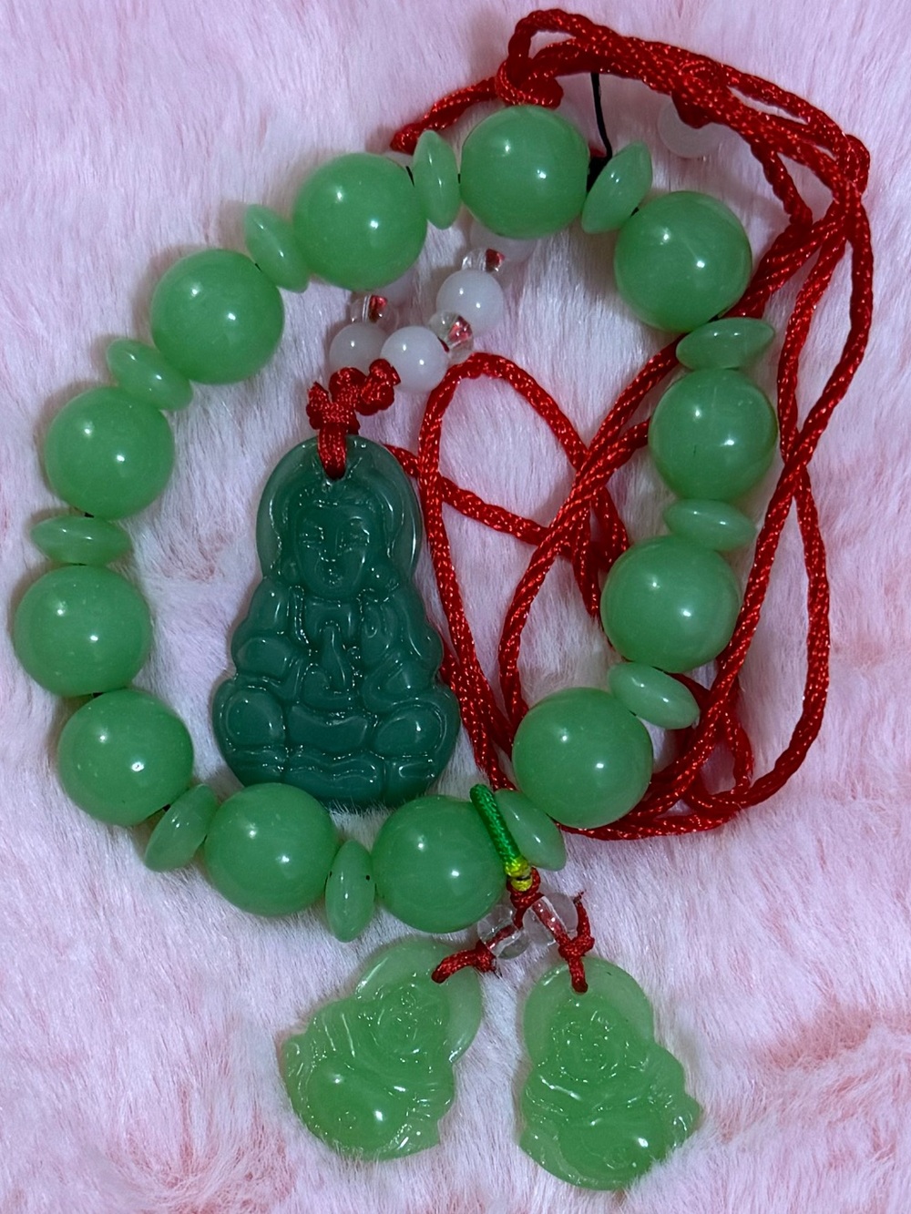 Green Jade Jadeite Beaded Necklace & Bracelet Buddha Charms